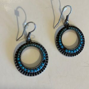 Silver toned, 1” round earrings, antique finish, faux  turquoise stones